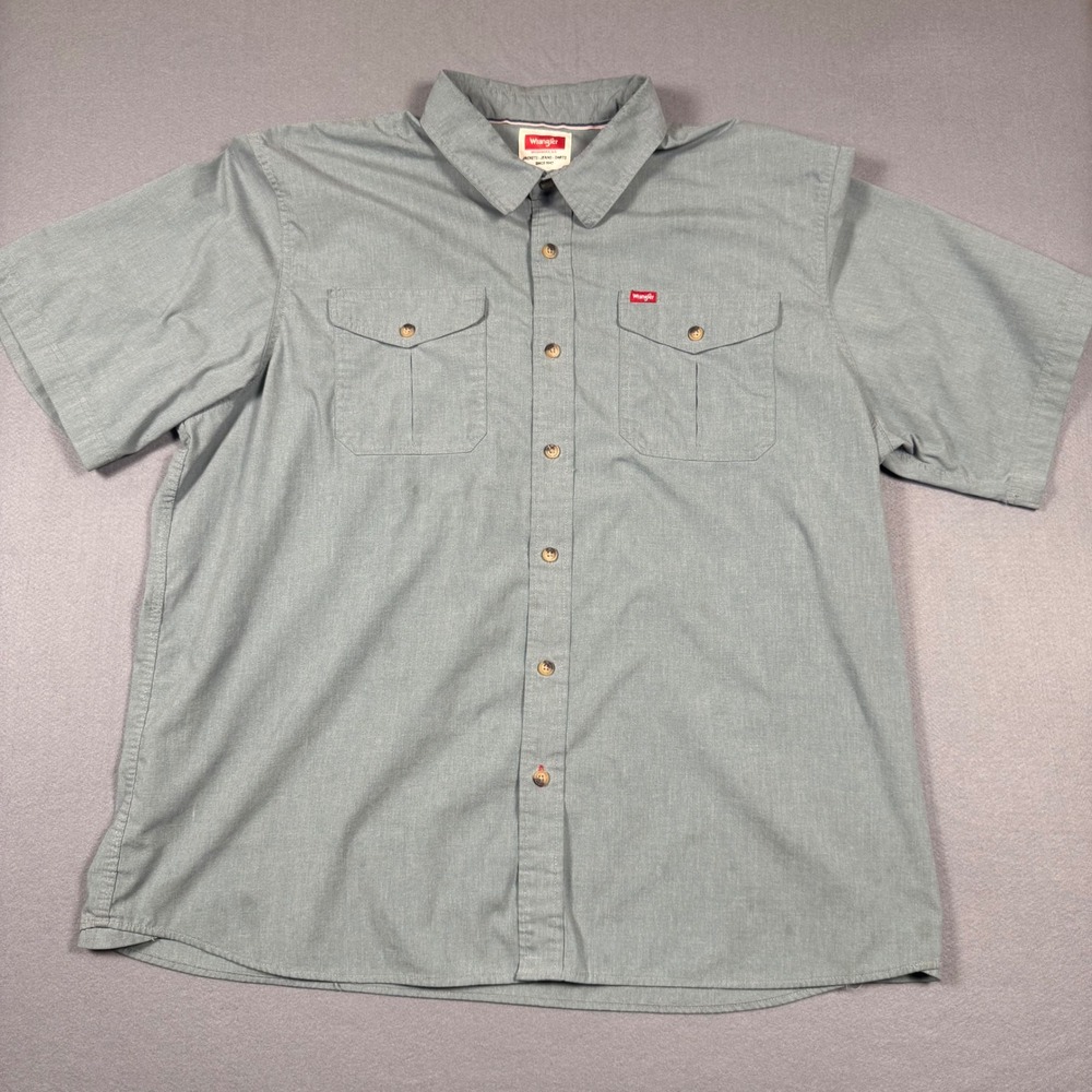 Wrangler Men Light Blue/Gray Short Sleeve Button Down Work Shirt Dual Pocket XL‎